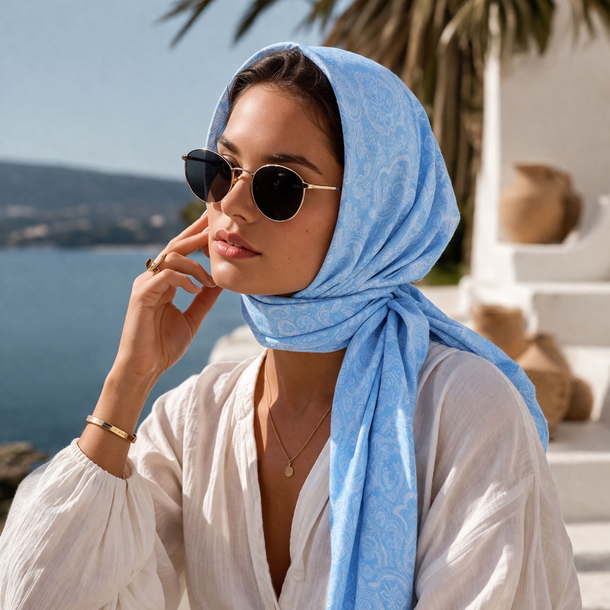 Blue Damask Pattern Cotton Scarf